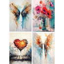 Rice paper design featuring a collage of 4 beautiful watercolor designs, including angel wings, a heart, and a vase of pink flowers. White borders are on the sides.