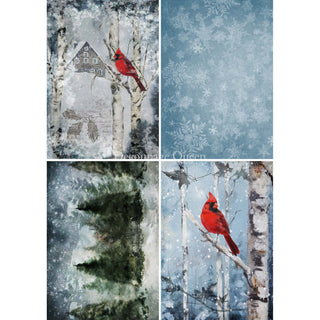 A3 rice paper design featuring four wintery designs, two which have cardinals. White borders are on the sides.