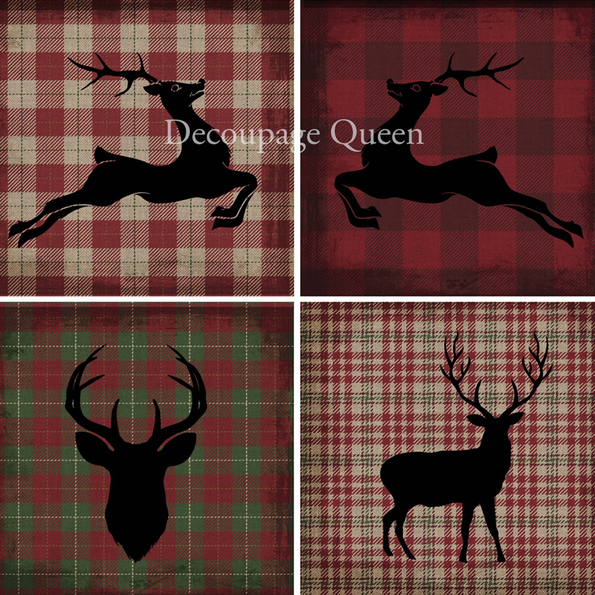 A3 rice paper that features 4 festive red plaid squares each with silhouettes of reindeer.