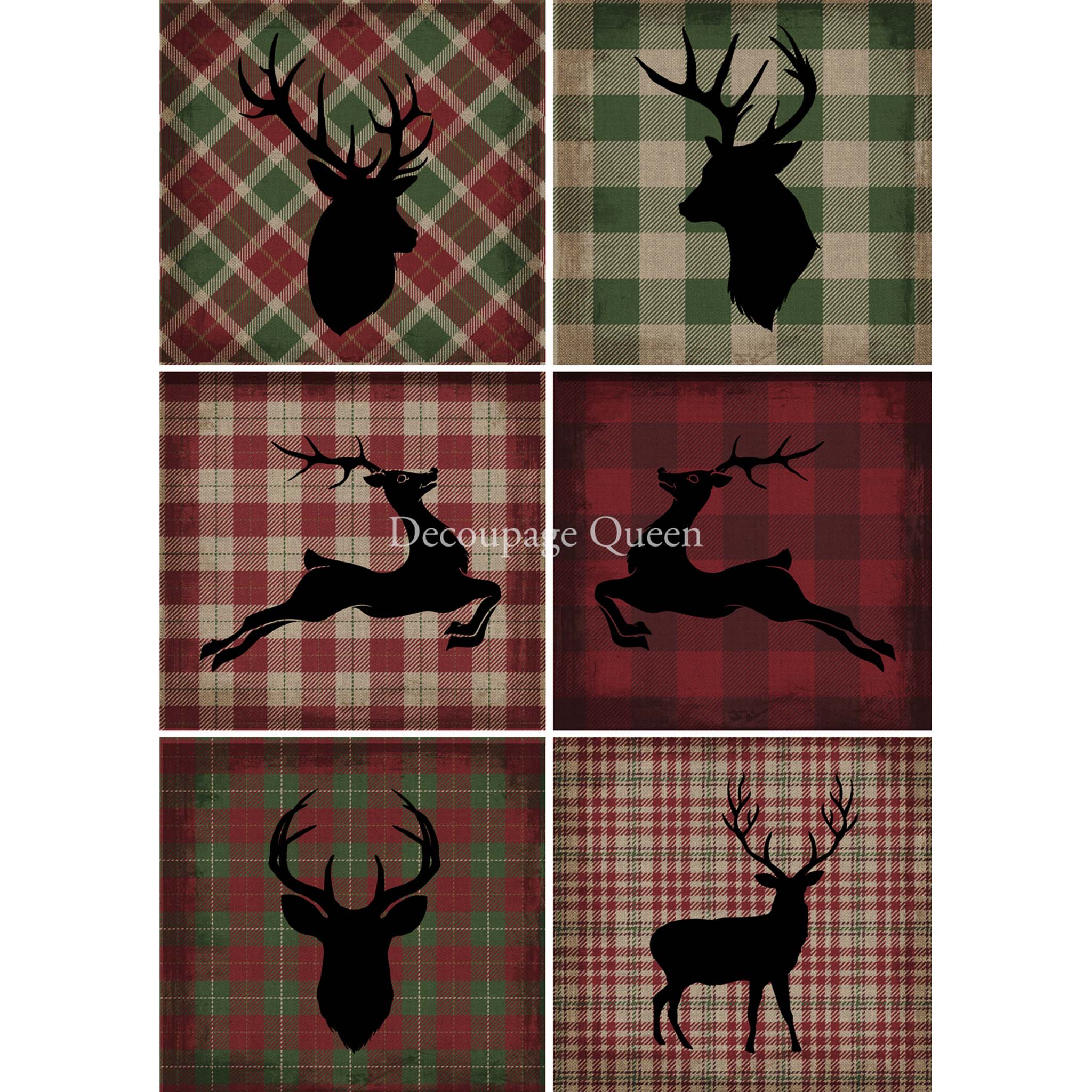 A3 rice paper that features 6 festive green and red plaid squares each with silhouettes of reindeer. White borders are on both sides.
