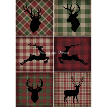 Rice paper featuring 6 festive plaid prints in traditional holiday colors, complete with a playful reindeer motif.