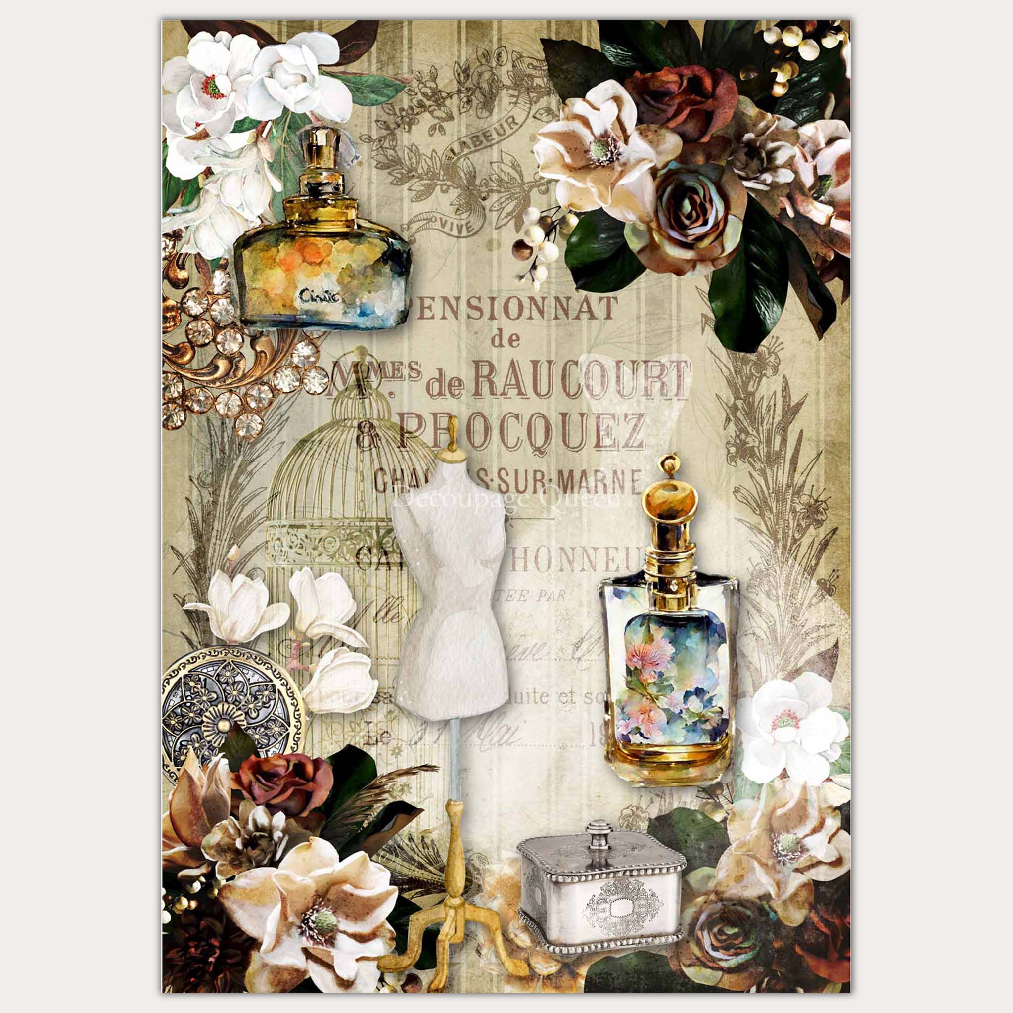 A2 rice paper design that features dark floral bouquets in the corners, bottles of vintage perfumes, and a dress form on a background of vintage wallpaper with French print. White borders are on the sides.