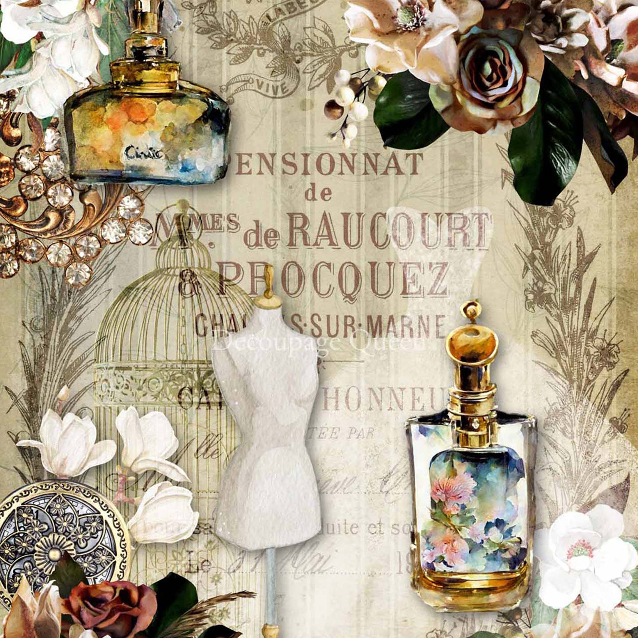 Close-up of a rice paper design that featuring a faded striped wallpaper background embellished with deep burgundy and cream flowers, French script, a dressmaker's form, and perfume bottles. 