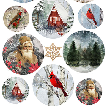 Close-up of a rice paper design that features 10 beautiful circle ornament designs featuring cardinals, Santa, and classic winter scenes.