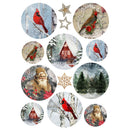 Rice paper design that features 10 beautiful circle ornament designs featuring cardinals, Santa, and classic winter scenes.