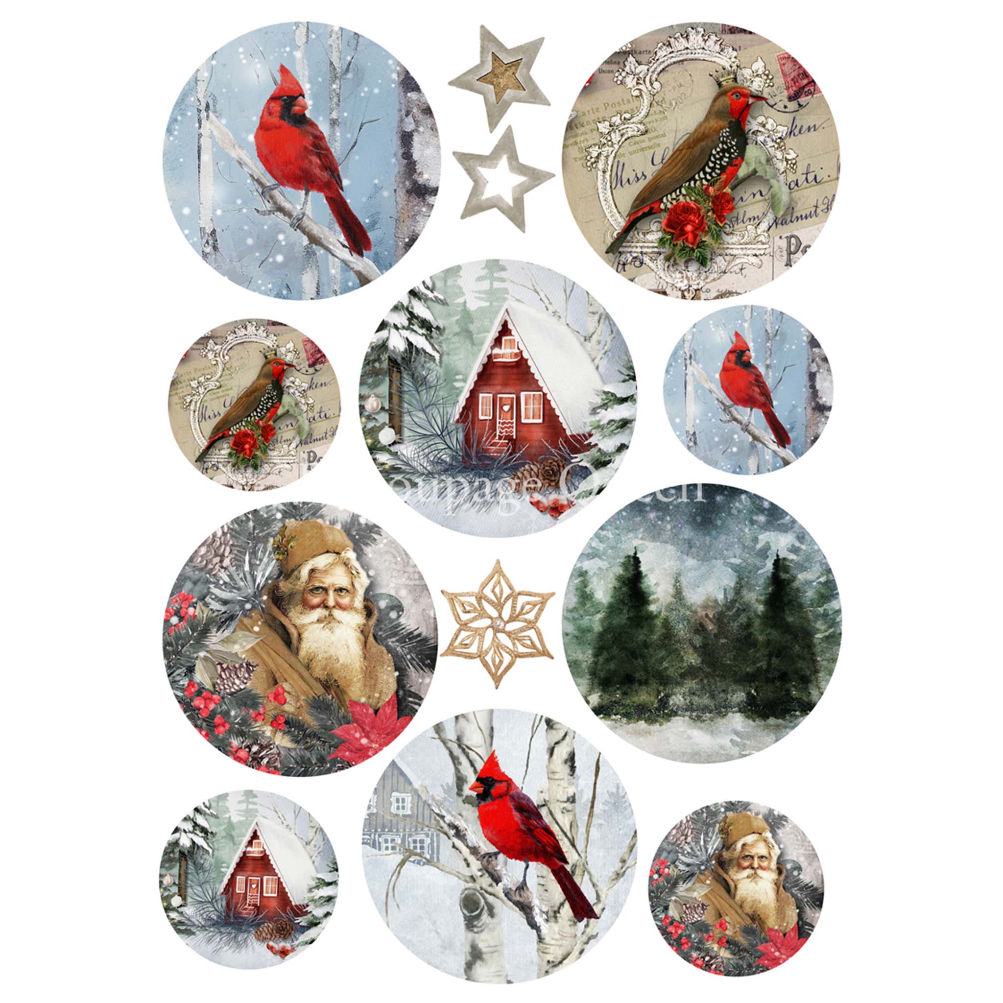 A3 rice paper design that features 10 beautiful circle ornament designs featuring cardinals, Santa, and classic winter scenes.
