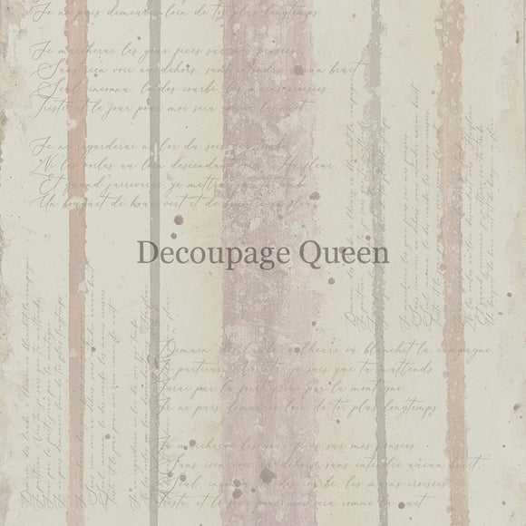 Close-up of a rice paper design that features very light colored sponged on stripes on cream colored fabric. French script writing covers the design.