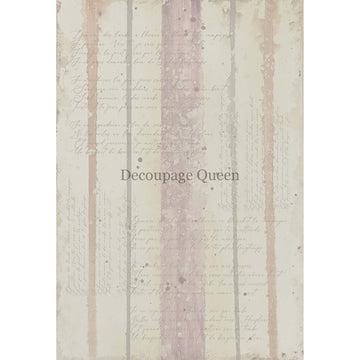 Rice paper design that features very light colored sponged on stripes on cream colored fabric. French script writing covers the design. White borders are on the sides.