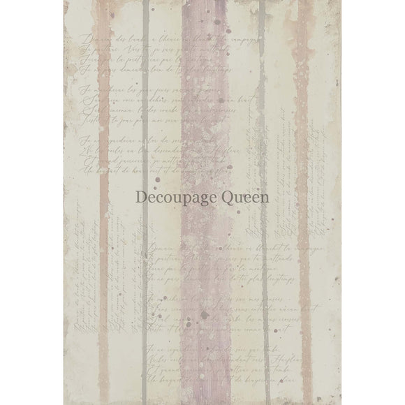 Rice paper design that features very light colored sponged on stripes on cream colored fabric. French script writing covers the design. White borders are on the sides.