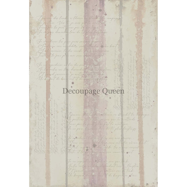 A1 rice paper design that features very light colored sponged on stripes on cream colored fabric. French script writing covers the design. White borders are on the sides.