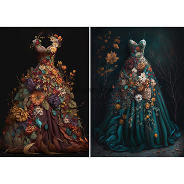 Rice paper design that features 2 evening gowns. The gown on the left is maroon and orange and the gown on the right is dark teal. Both are covered in autumn flowers and foliage. White borders are on the top and bottom.