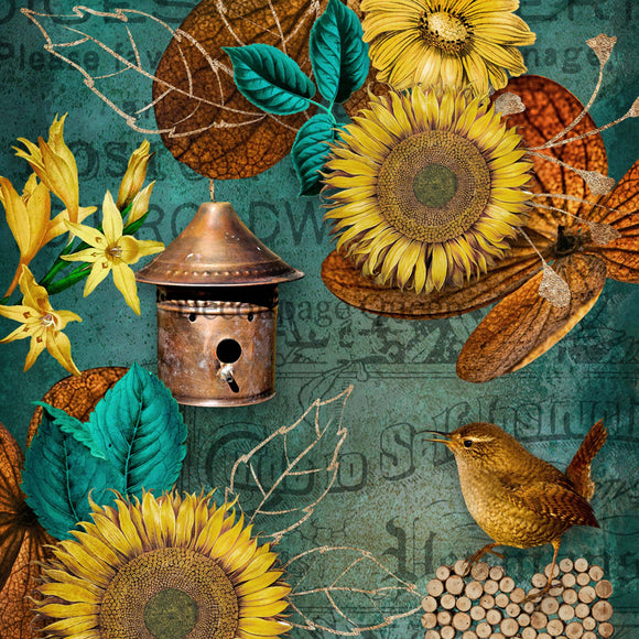 Close-up of a rice paper featuring sunflowers, leaves, and a bird and birdhouse against a teal vintage document.