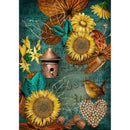 Rice paper featuring sunflowers, leaves, and a bird and birdhouse against a teal vintage document. White borders are on the sides.