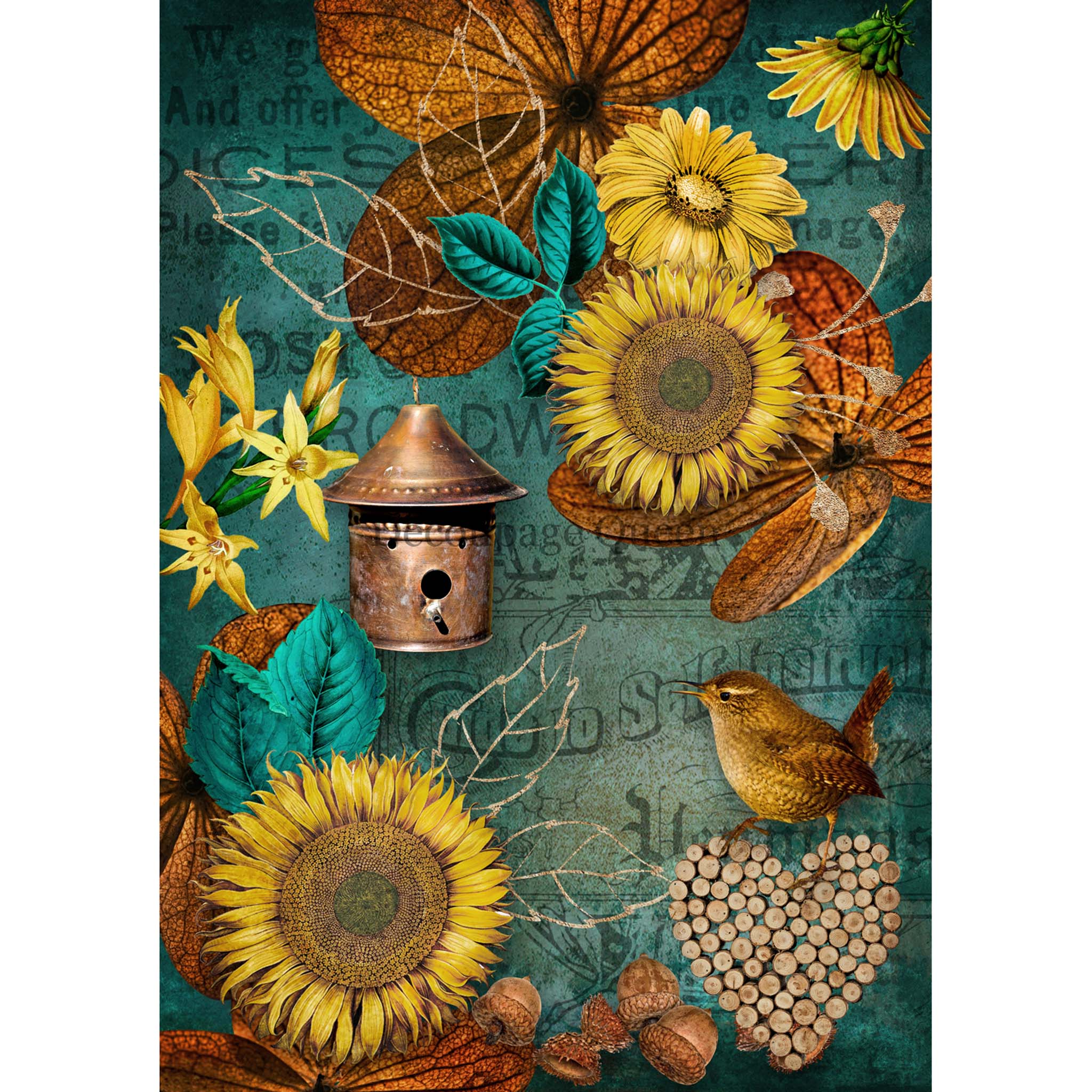 Rice paper design that  features a teal background adorned with vibrant yellow sunflowers, teal and rust leaves, and a charming little bird perched on a twig heart.  White borders are on the sides.