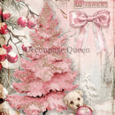 Close-up of a rice paper featuring a pink vintage Christmas design with festive wishes and a charming pink Christmas tree with an adorable puppy.