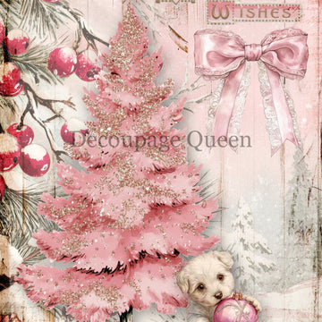 Close-up of a rice paper featuring a pink vintage Christmas design with festive wishes and a charming pink Christmas tree with an adorable puppy.
