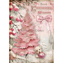 Rice paper featuring a pink vintage Christmas design with festive wishes and a charming pink Christmas tree with an adorable puppy.