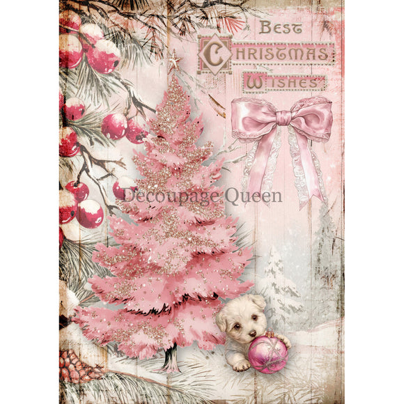 Rice paper featuring a pink vintage Christmas design with festive wishes and a charming pink Christmas tree with an adorable puppy.