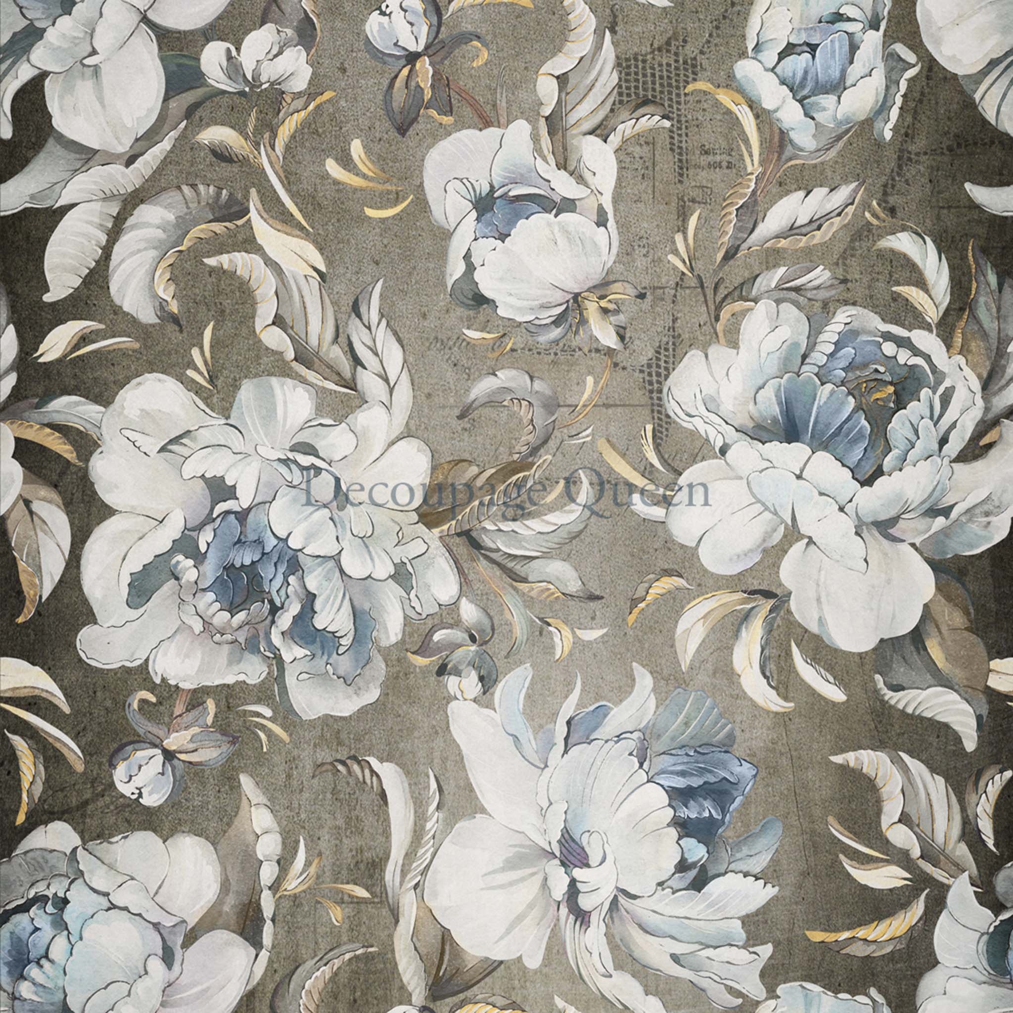 Close-up of an A3 rice paper that features a soft gray background, adorned with delicate white and blue flower designs.