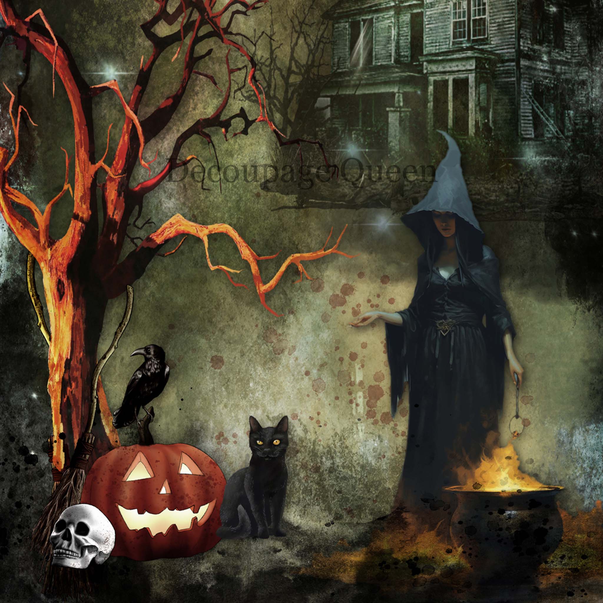 A4 decoupage paper tht features a collage of a black cat, Jack-O-Lantern, skull, bare tree, a raven, and a woman in a black dress and pointy hood over a cauldron all against a grunge background with a spooky old wood house.