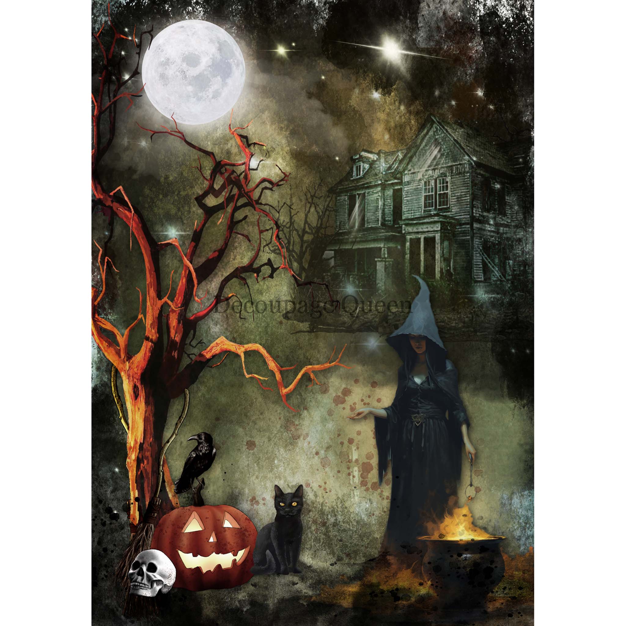 A4 decoupage paper tht features a collage of a black cat, Jack-O-Lantern, skull, bare tree, a raven, and a woman in a black dress and pointy hood over a cauldron all against a grunge background with a spooky old wood house and full moon. White borders are on the sides.