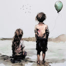 Close-up of a rice paper featuring a watercolor painting of the backs of two children by the shore, birds soaring above, and a balloon drifting nearby. 