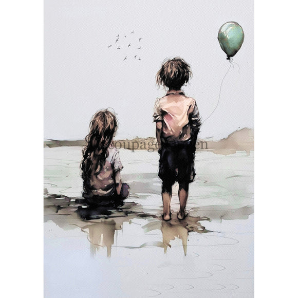 Rice paper featuring a watercolor painting of the backs of two children by the shore, birds soaring above, and a balloon drifting nearby. 