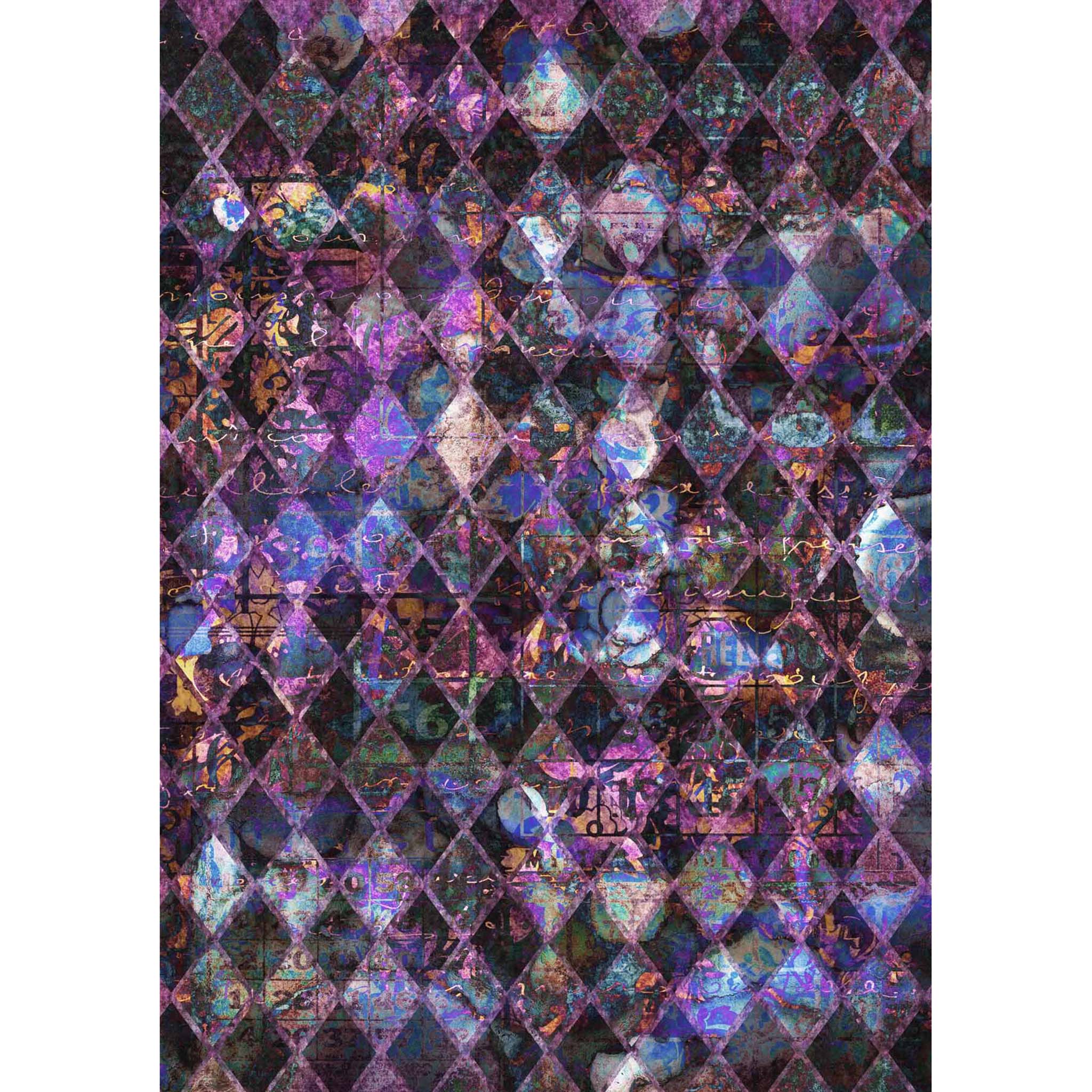 Rice paper design that features purple jeweled toned harlequin diamond print. White borders are on the sides.