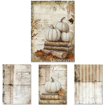 Set of four decorative panels featuring pumpkins, books, and leaves with a vintage design.