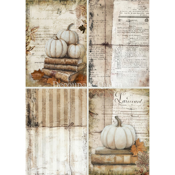 Collage of four autumn-themed designs featuring pumpkins, books, and leaves on a rustic background.