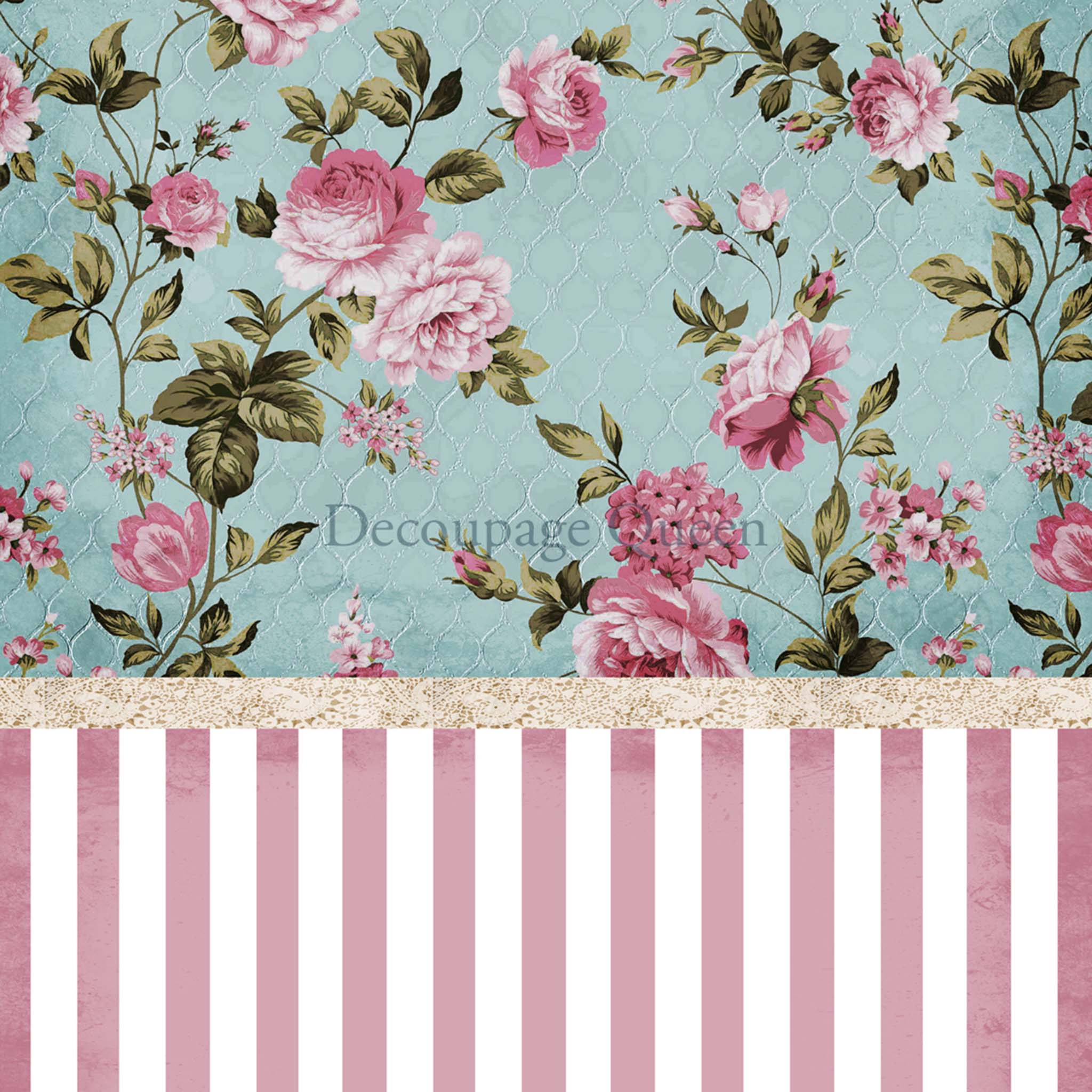 Close-up of a rice paper design with a soft blue background and charming pink roses above pink and white stripes.