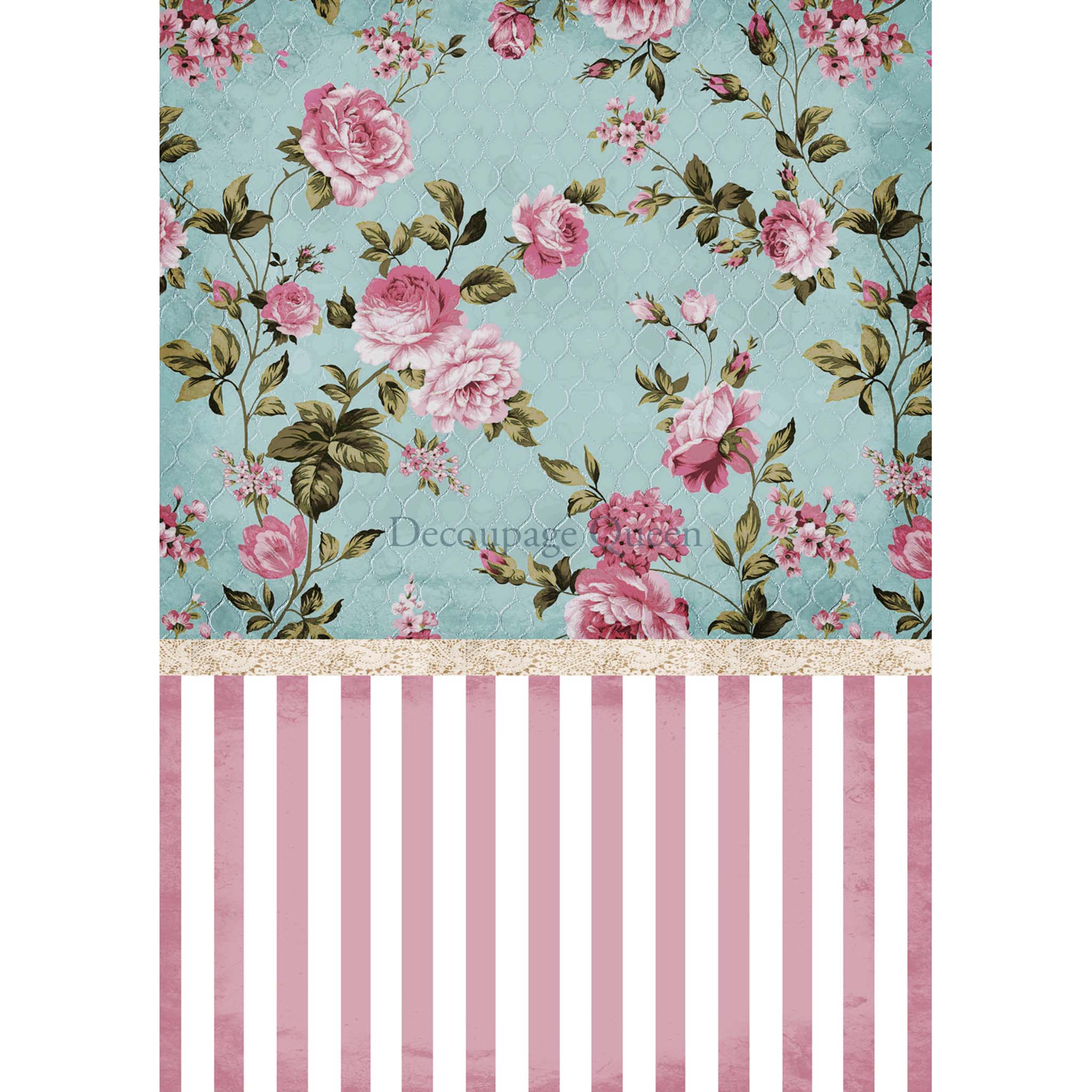 Rice paper design with a soft blue background and charming pink roses above pink and white stripes. White borders are on the sides.