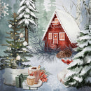 Close-up of a rice paper design that features a charming red cottage surrounded by a snowy forest scenery.