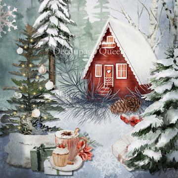 Close-up of a rice paper design that features a charming red cottage surrounded by a snowy forest scenery.