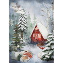 Rice paper design that features a charming red cottage surrounded by a snowy forest scenery. White borders are on the sides.