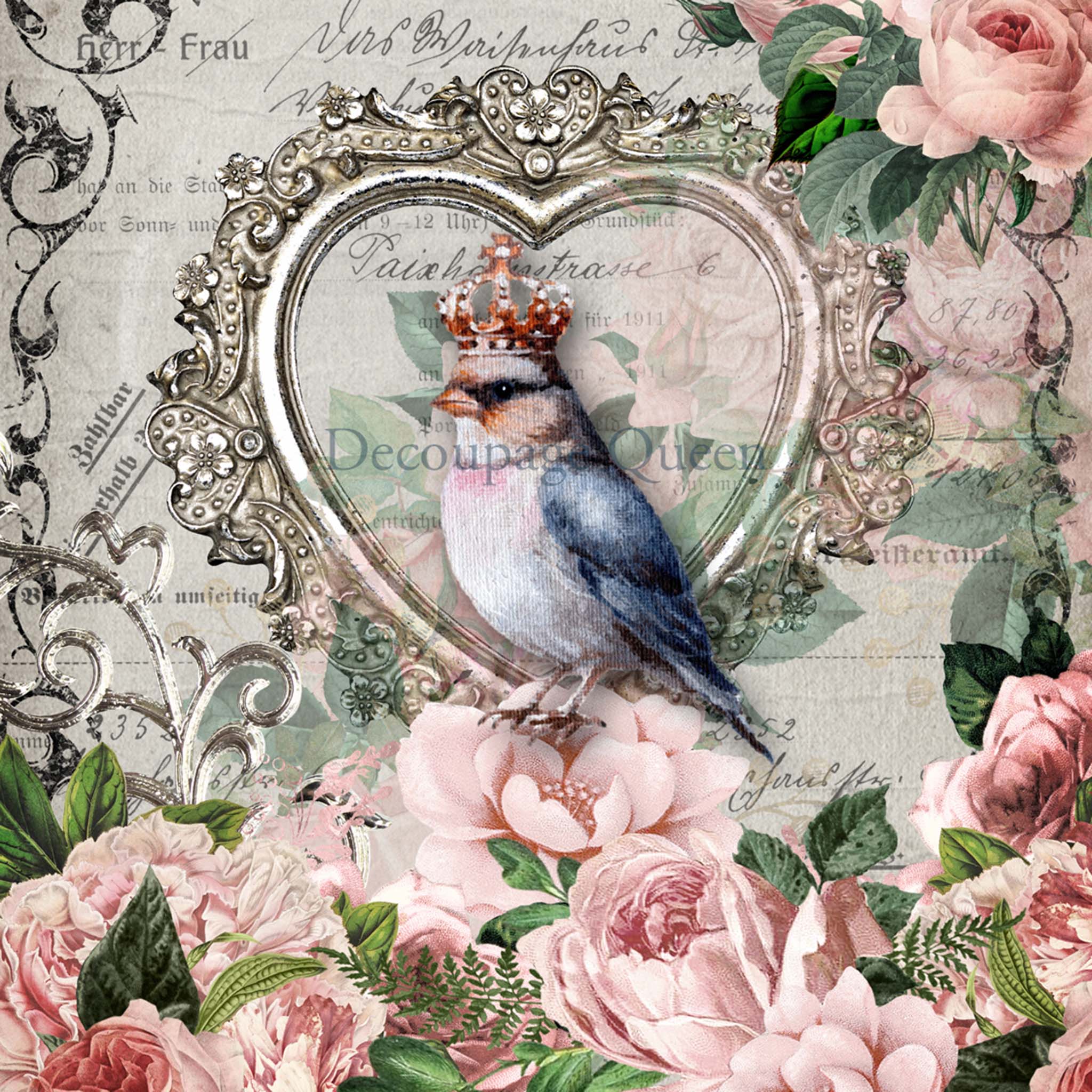 A4 rice paper design that features delicate pink roses, a charming bluebird wearing a crown while sitting in a heart picture frame, and a vintage French document.
