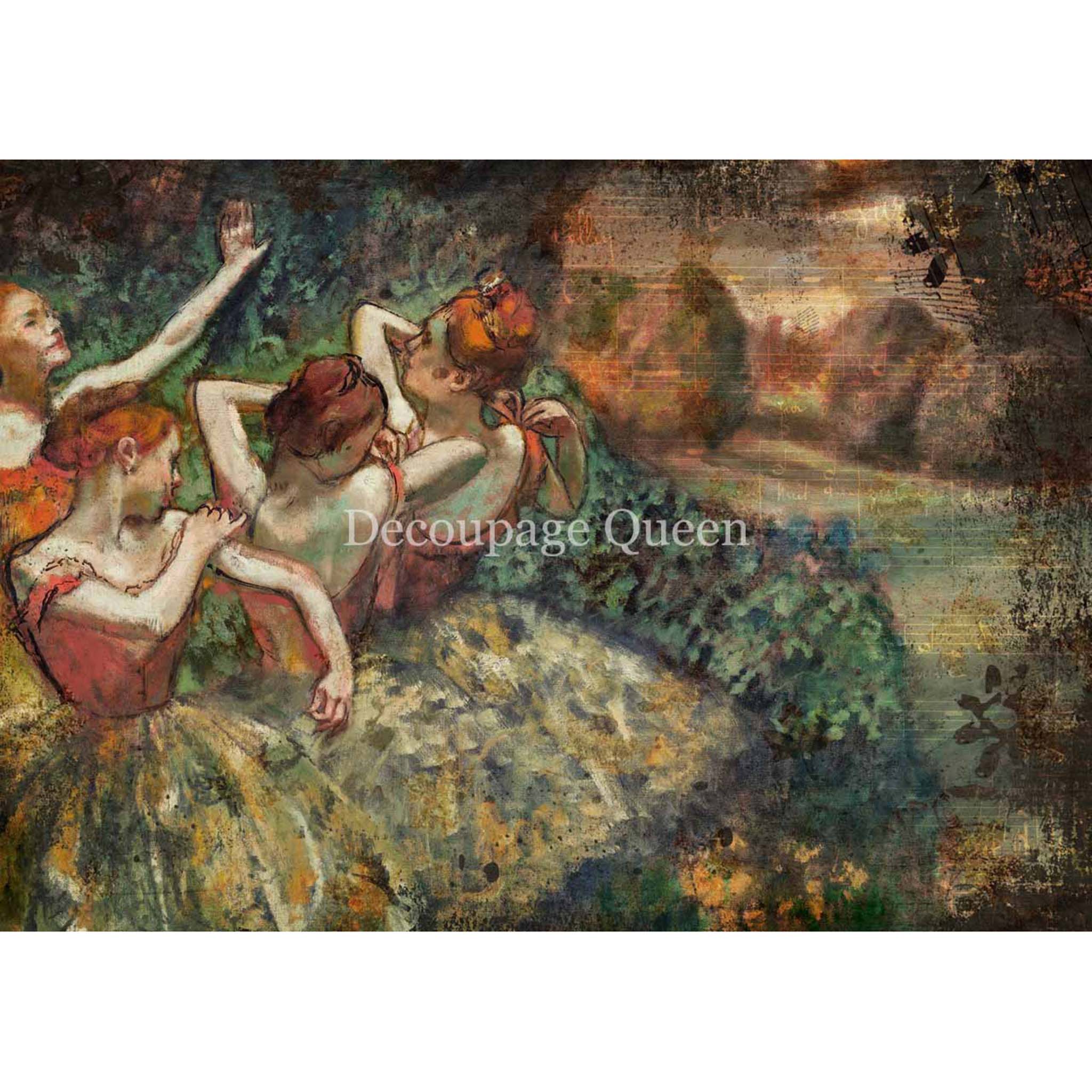 Rice paper that features the Degas Four Dancers painting of 4 graceful ballerinas in various poses. White borders are on the top and bottom.