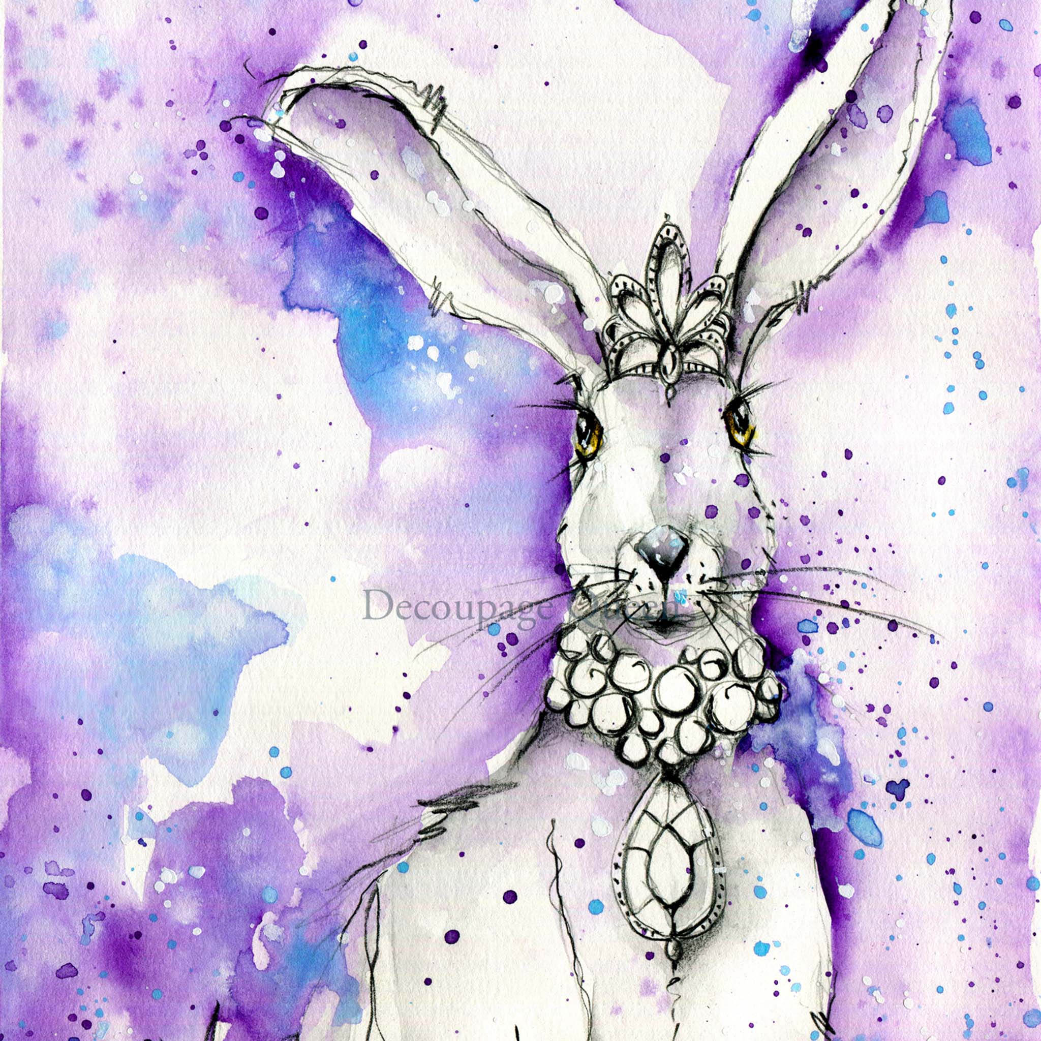 Close-up of a rice paper design featuring a beautiful purple watercolor background adorned with a charming white rabbit wearing a crown and a dazzling jewel necklace.