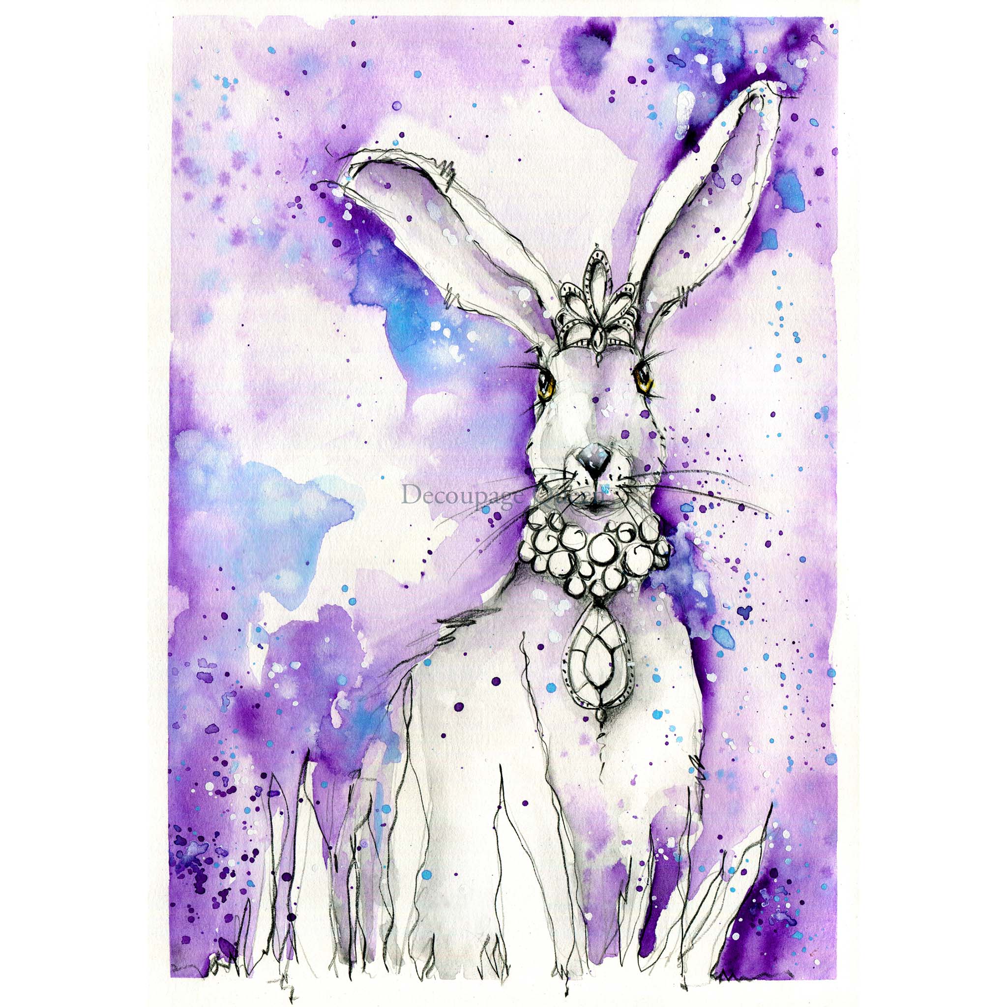 A4 rice paper design featuring a beautiful purple watercolor background adorned with a charming white rabbit wearing a crown and a dazzling jewel necklace is against a white background.