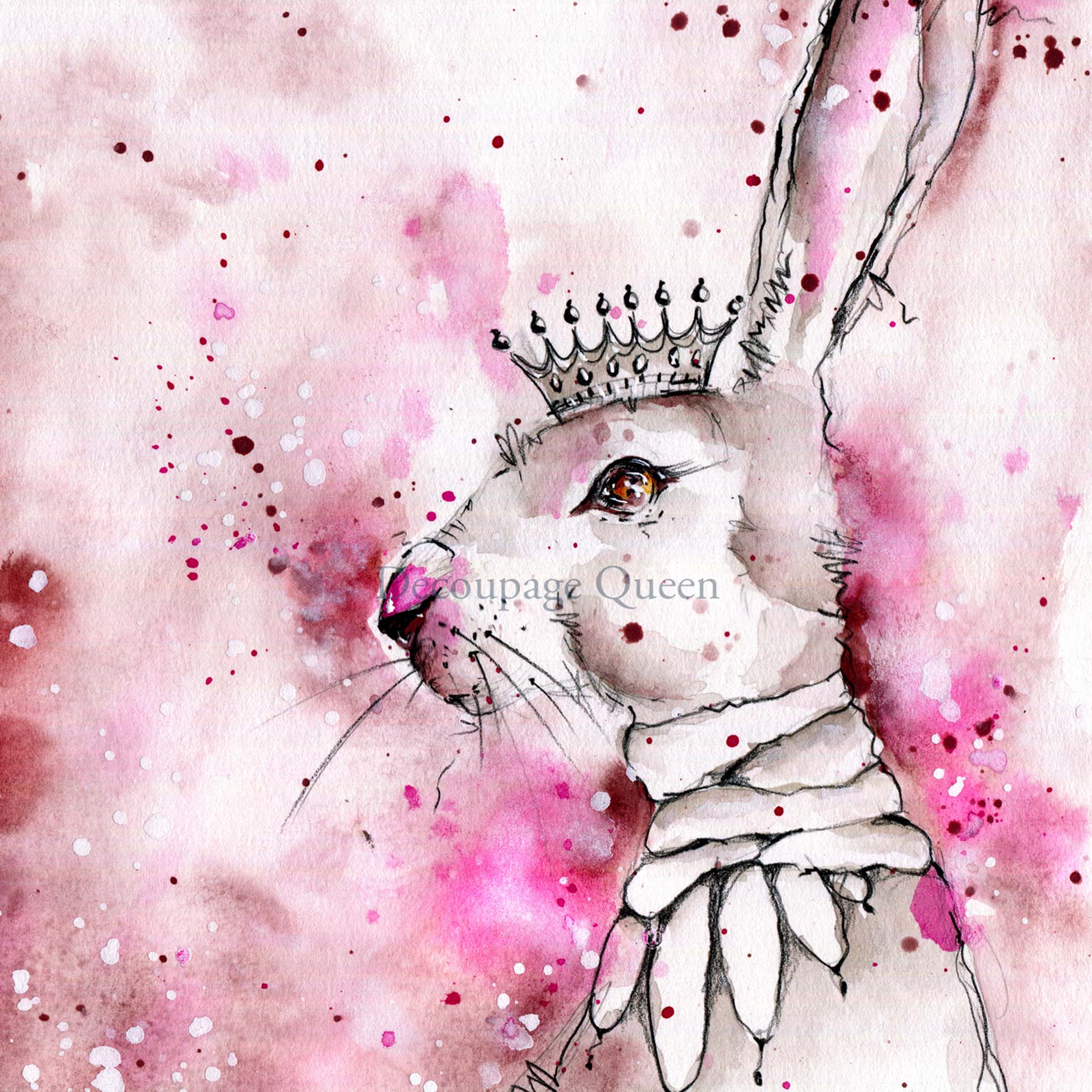 Close-up of an A4 rice paper that features a pink watercolor background and a charming white rabbit wearing a crown and necklace.