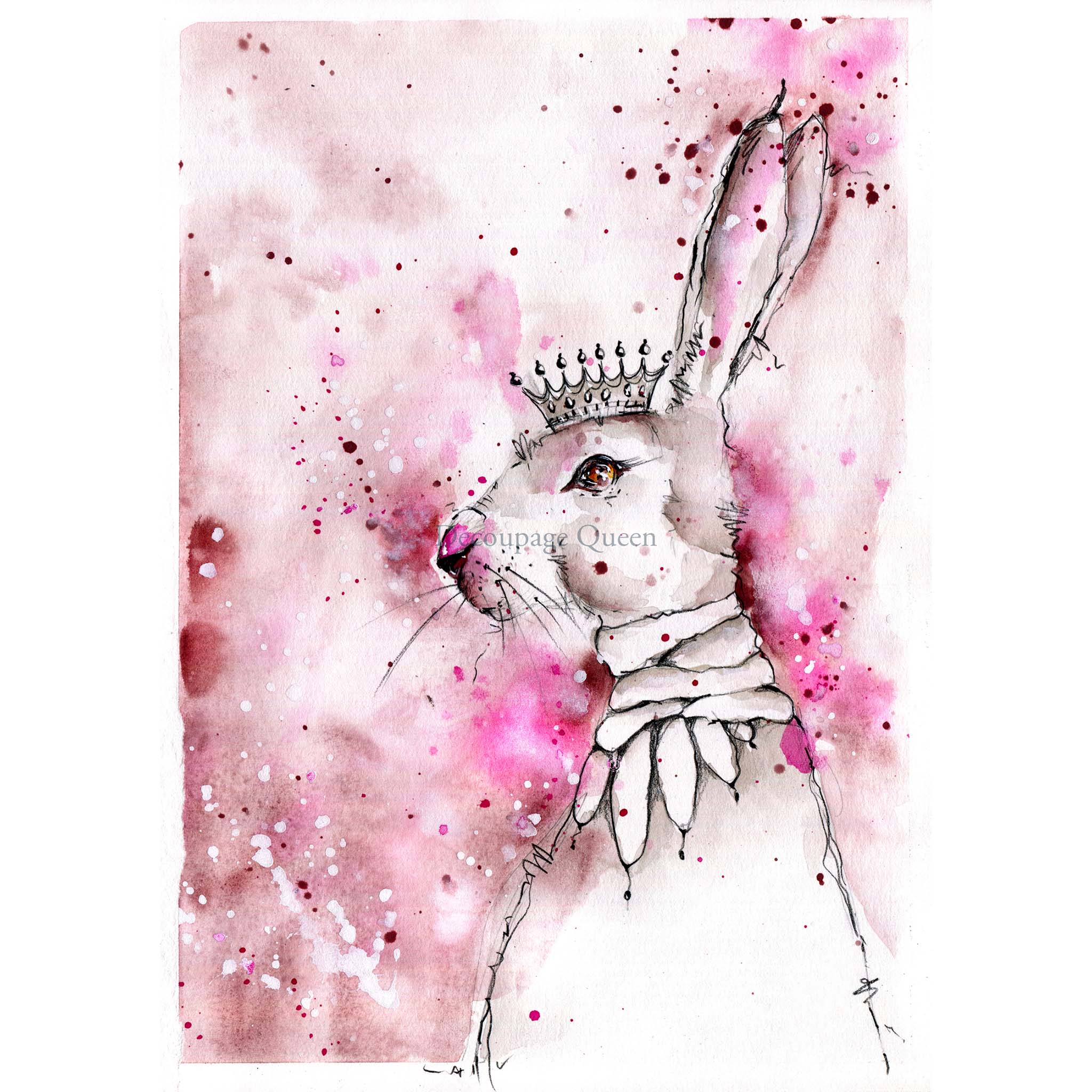 A4 rice paper that features a pink watercolor background and a charming white rabbit wearing a crown and necklace is against a white background.