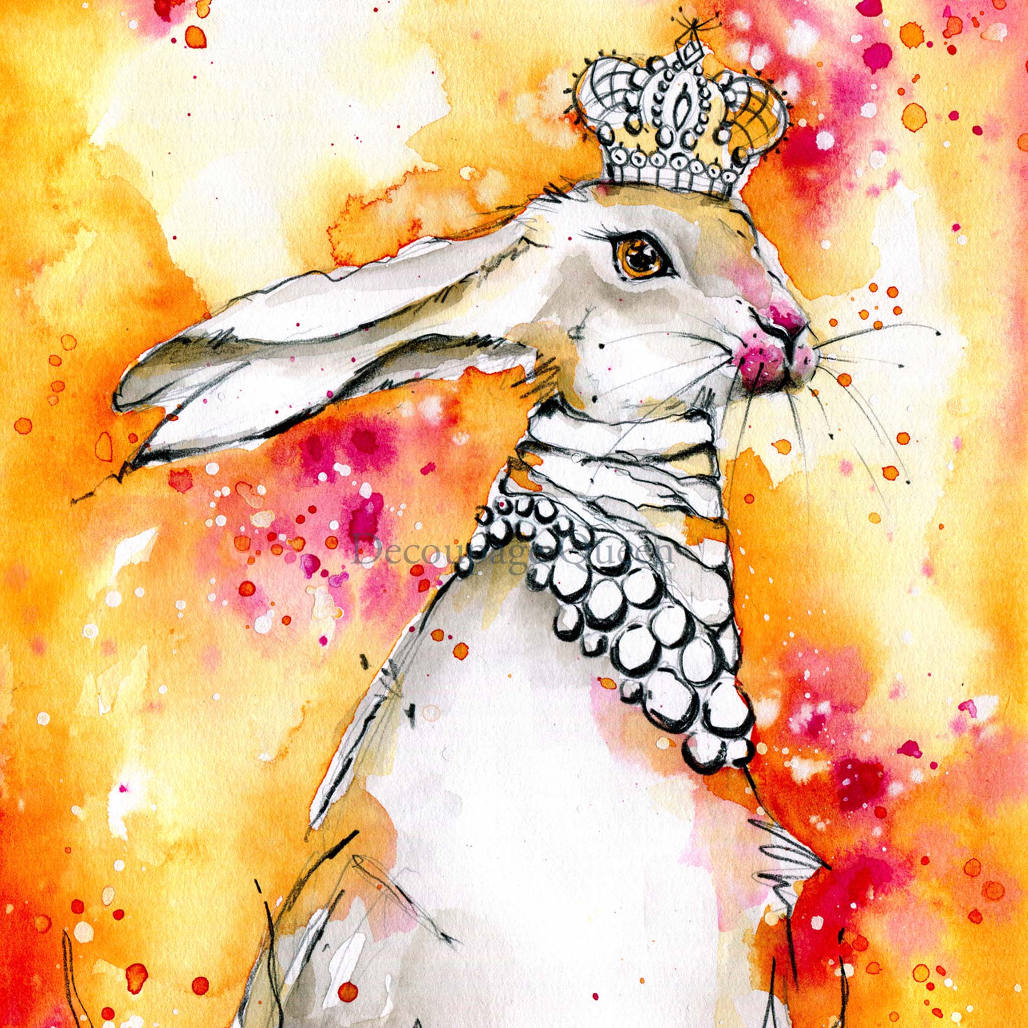 Close-up of an A4 rice paper design that features a vibrant orange watercolor background, accented with pops of red and a regal white rabbit wearing a crown and collar necklace.