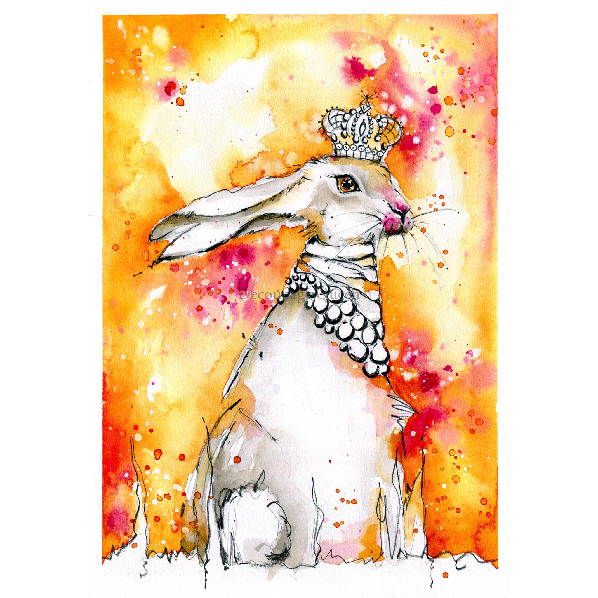 A4 rice paper design that features a vibrant orange watercolor background, accented with pops of red and a regal white rabbit wearing a crown and collar necklace is against a white background.
