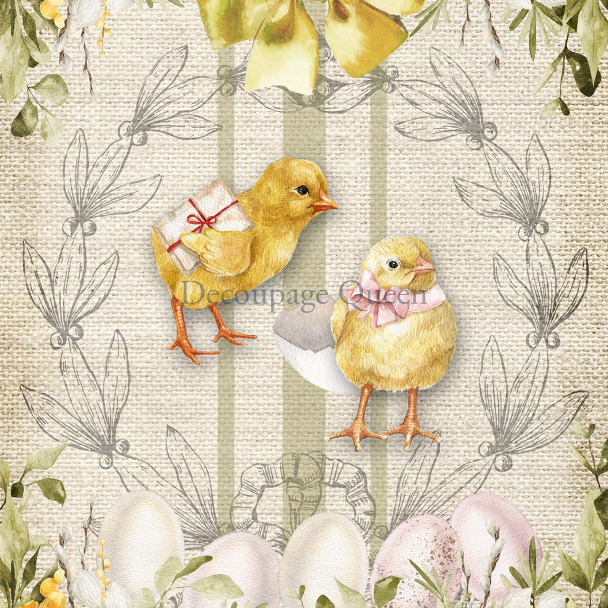 Close-up of an A4 rice paper design that features two adorable yellow chicks nestled amidst a floral backdrop on a rustic grain sack.