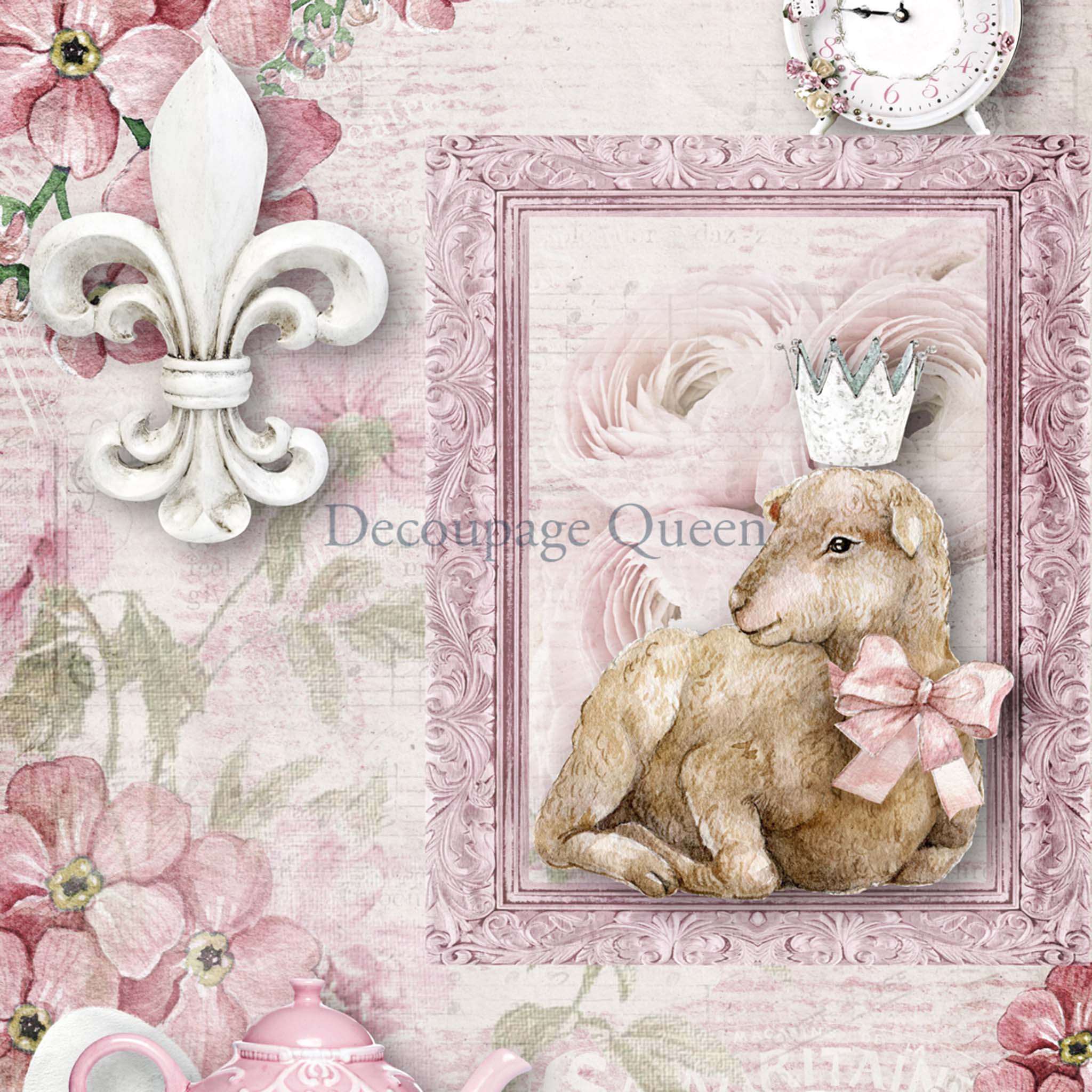 Close-up of an A4 rice paper design that features a pale pink background and adorable lamb with a crown and features fleur de lis, a clock, and a tea set with pink flowers.