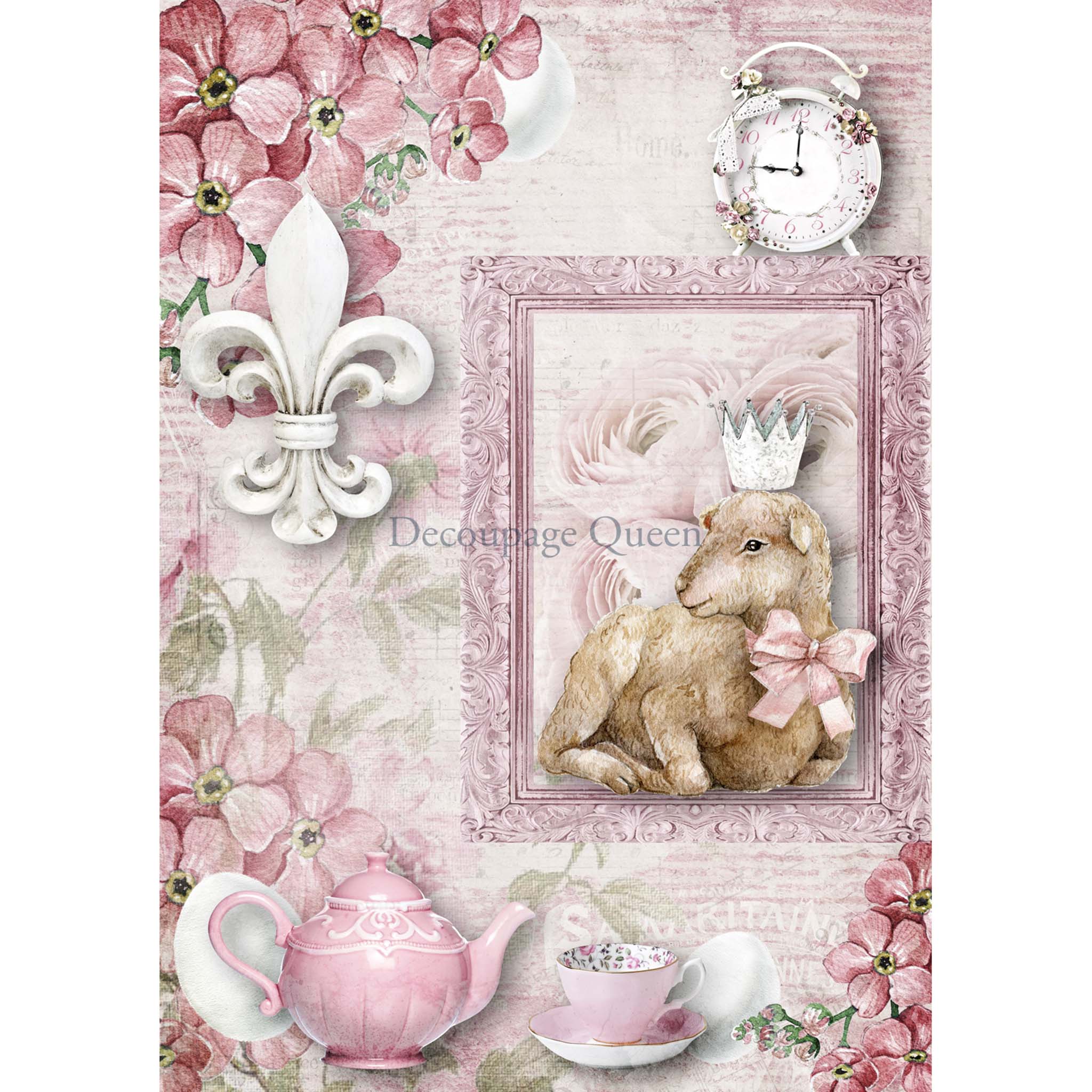 A4 rice paper design that features a pale pink background and adorable lamb with a crown and features fleur de lis, a clock, and a tea set with pink flowers. White borders are on the sides.