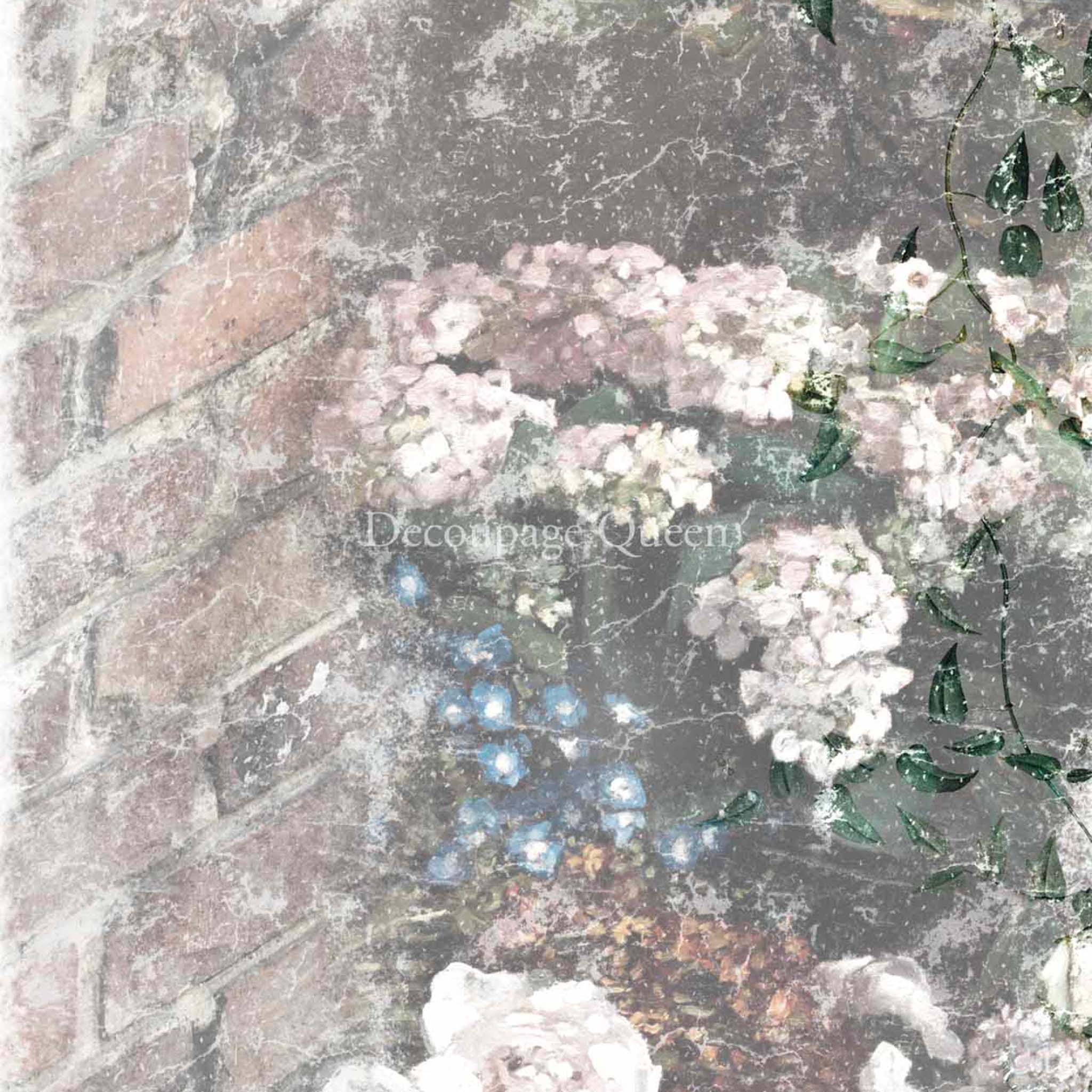 Close-up of an A4 rice paper that features delicate flowers growing up a muted brick wall.