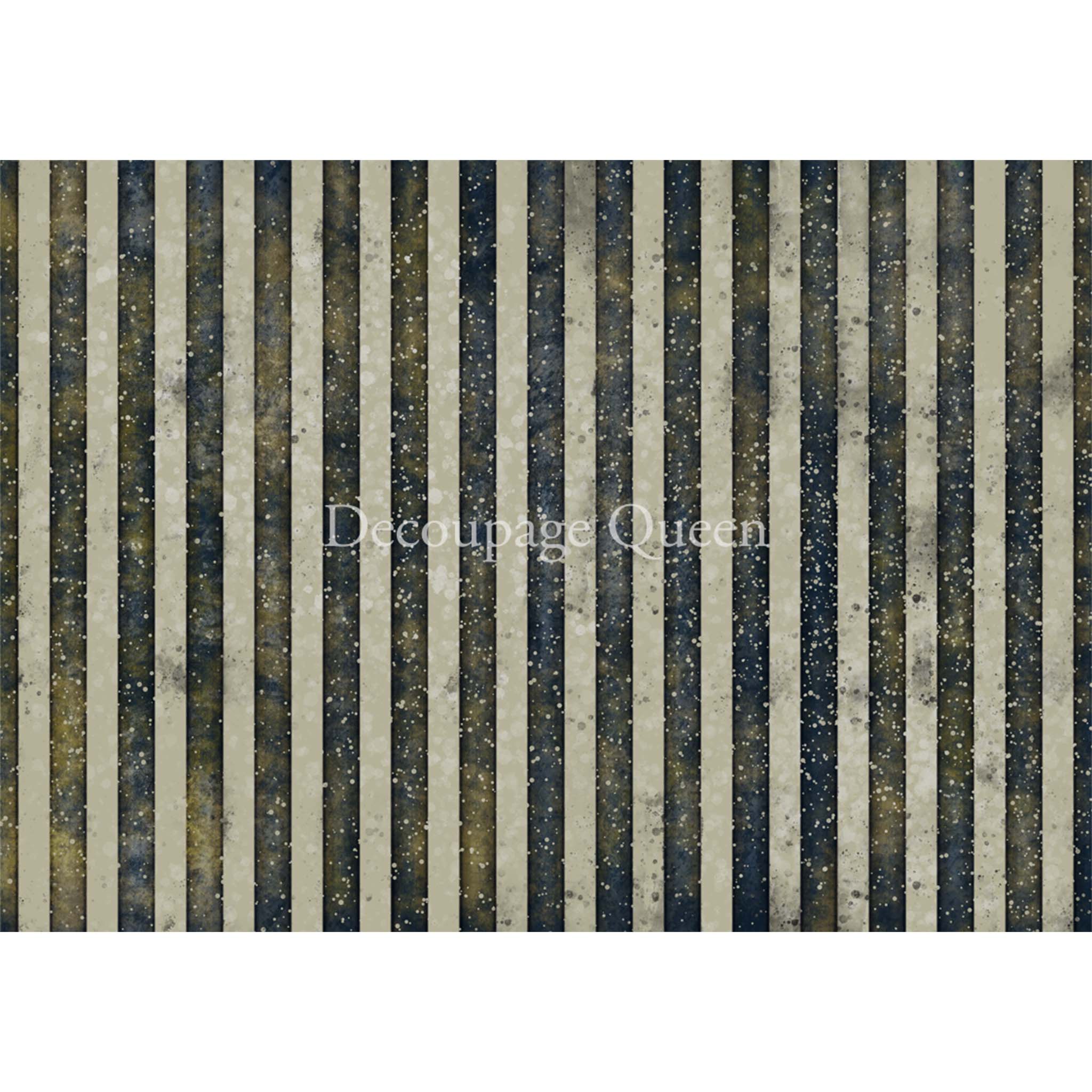 Rice paper design that features distressed stripe print in shades of blue, gray, and olive green. White borders are on the top and bottom.