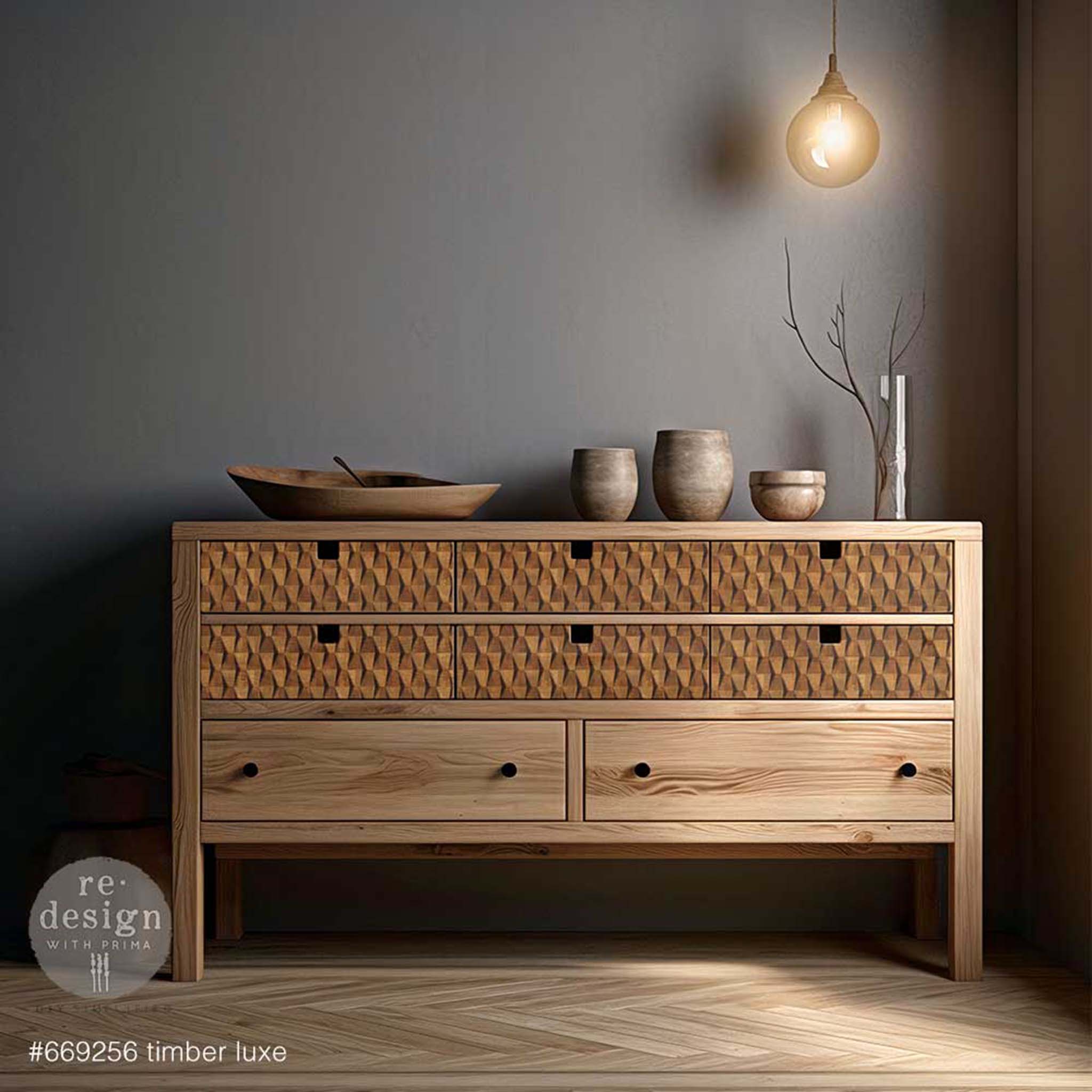A large dresser is natural wood and features ReDesign with Prima's Timber Luxe A1 fiber paper on its top 6 small drawers.