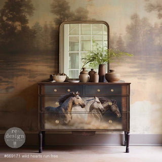 A vintage style dresser with an attached mirror is painted brown and features ReDesign with Prima's Wild Hearts Run Free A2 fiber paper on its 4 drawers.